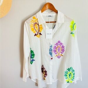 Noeline Paris White Embroidered Button-Down w/ Multicolor Motifs size Medium